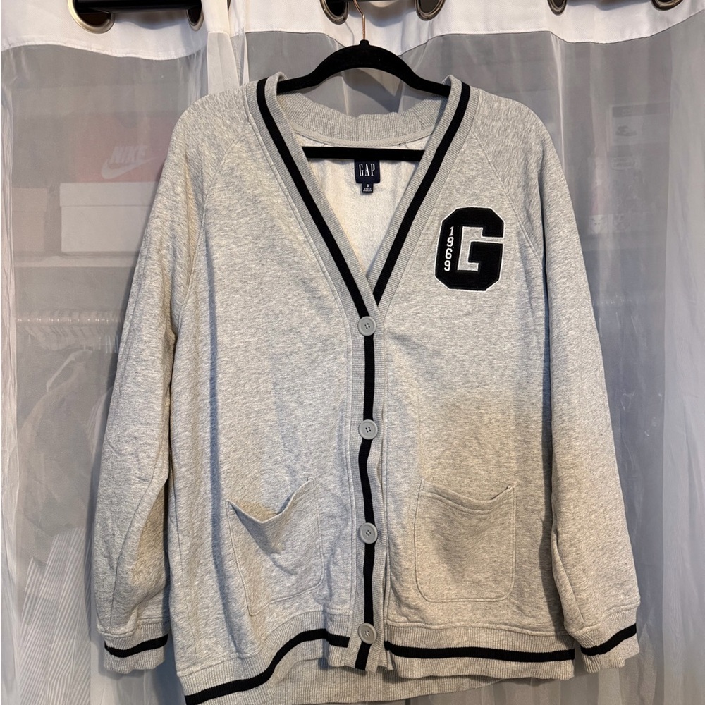 GAP Light Gray Button-Up Cardigan with Black Trim